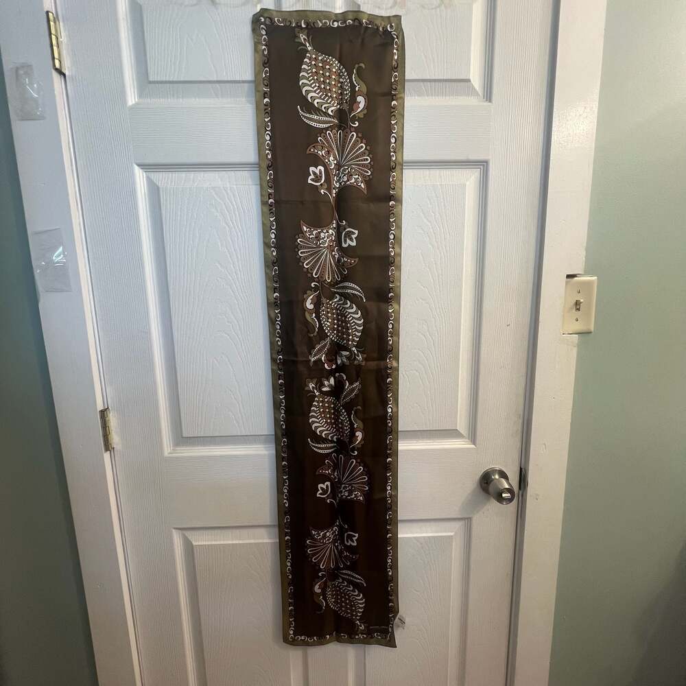 Adrienne Landau Studio 100% Silk Olive Green Brown Floral Toile Skinny Scarf